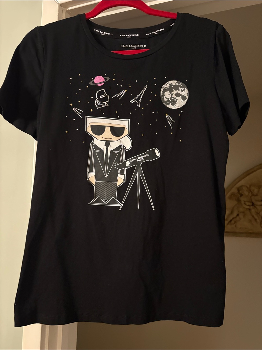 Karl Lagerfeld Black Tee with Space Cartoon Graphic
